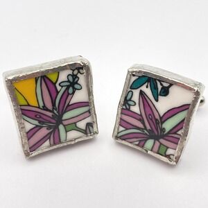 Artisan Made Ceramic Floral Silver Cufflinks Handmade